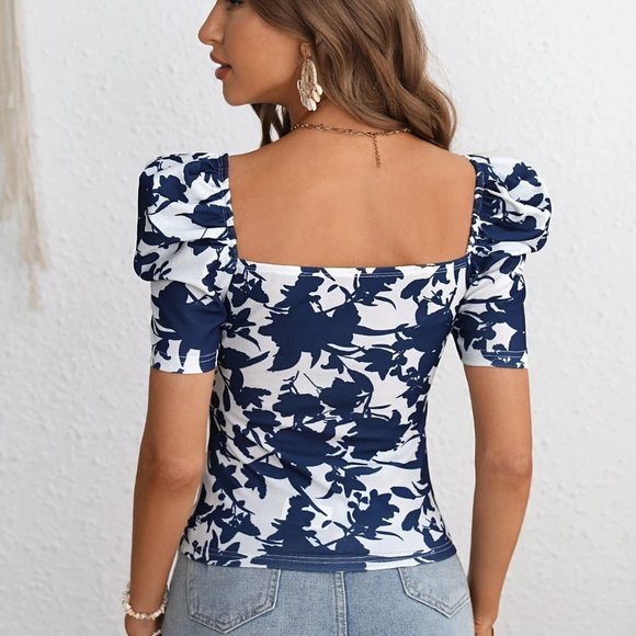 Blue Boho Womens Floral Print Sweetheart Neck Puff Sleeve Tee - Picture 2 of 5
